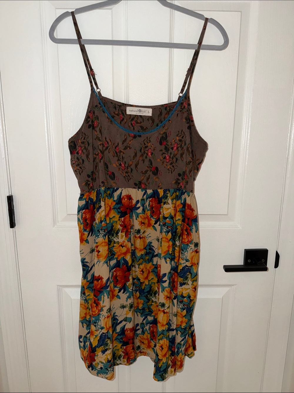 NATURAL LIFE Brown Bodice Floral Mini Dress with Yellow & Blue Blossoms